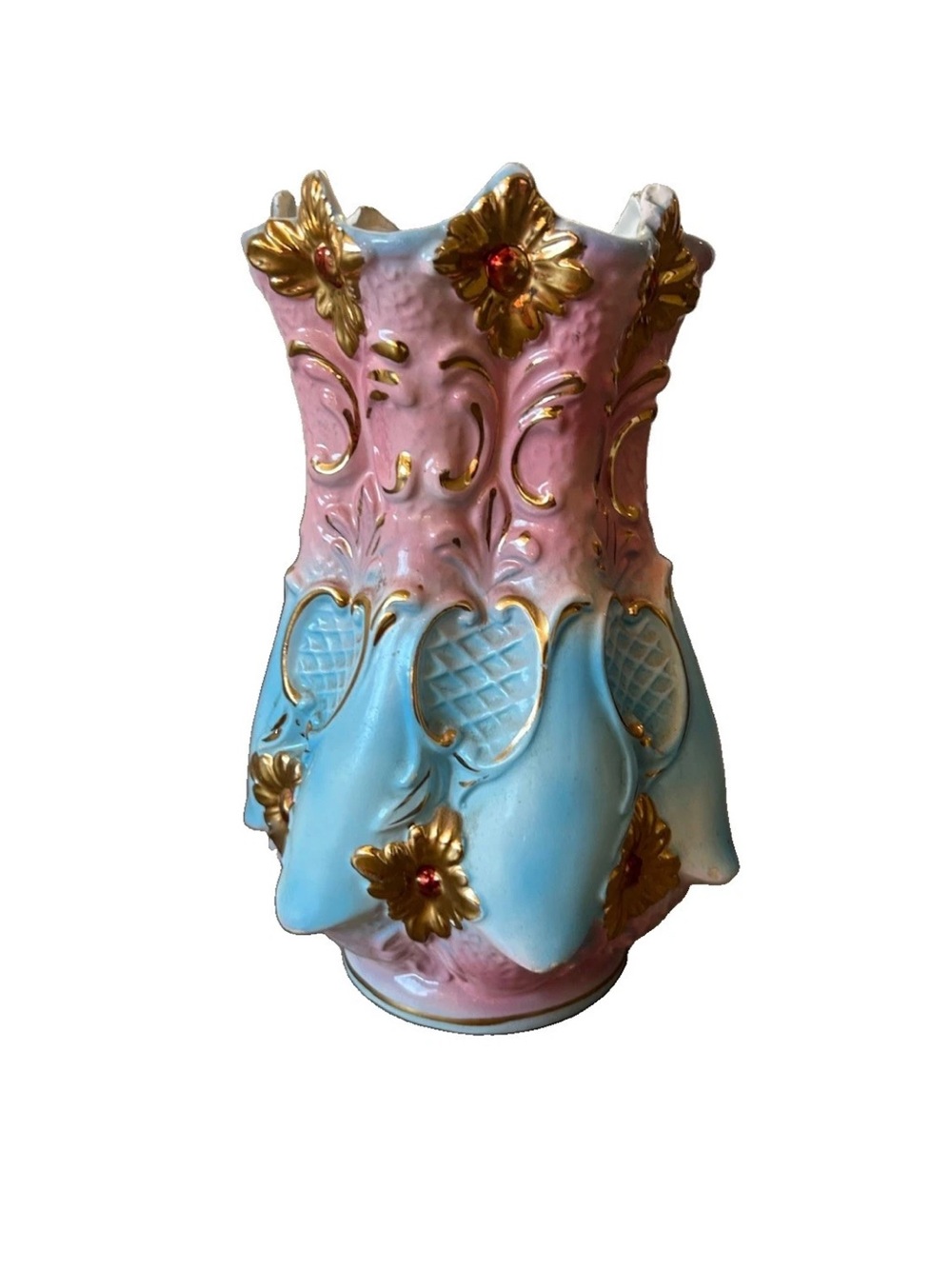 Vintage Italian Hand Painted Ceramic Vase Pink Blue Gold Gilt 12.5”